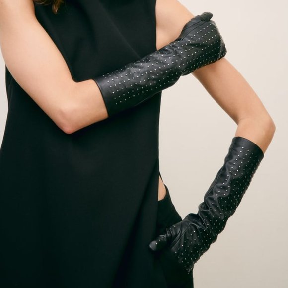 NWT FAUX LEATHER LONG BLACK STUDDED GLOVES - Picture 1 of 7